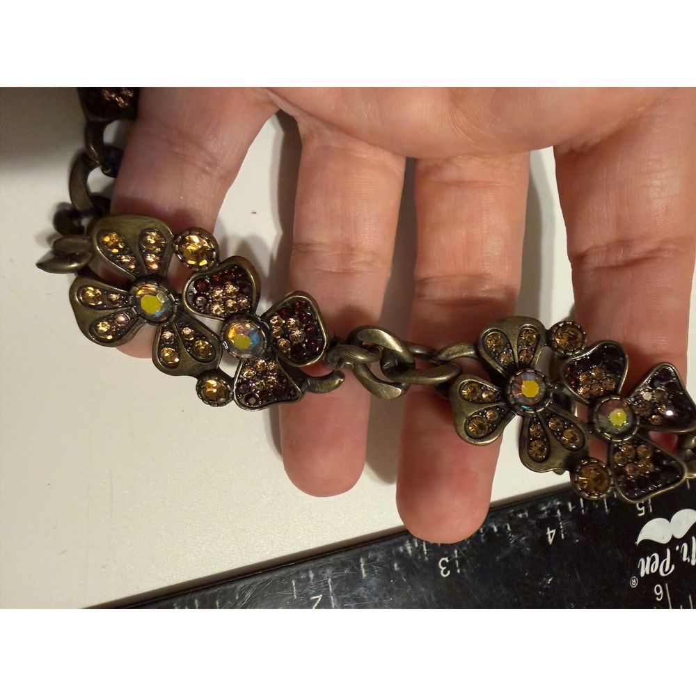 Antique Bronze Tone Floral Rhinestone Statement Necklace Amber AB Crystal Chunky